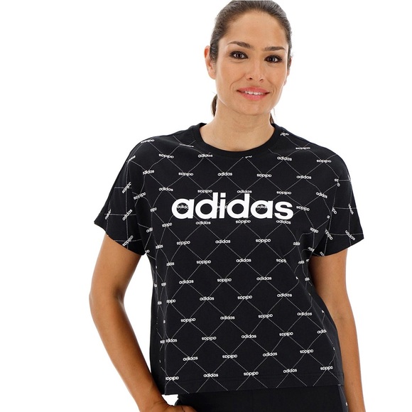 SOLD ADIDAS Logo Print Black & White Short Sleeve Cropped Tee